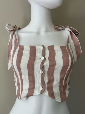 One Way Striped Tie Shoulder Crop Top XS Pink White Button Front Summer